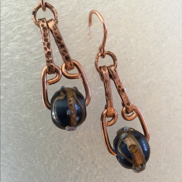 Blue Pressed Glass, Solid Copper Pendant Earrings - Picture 1 of 8